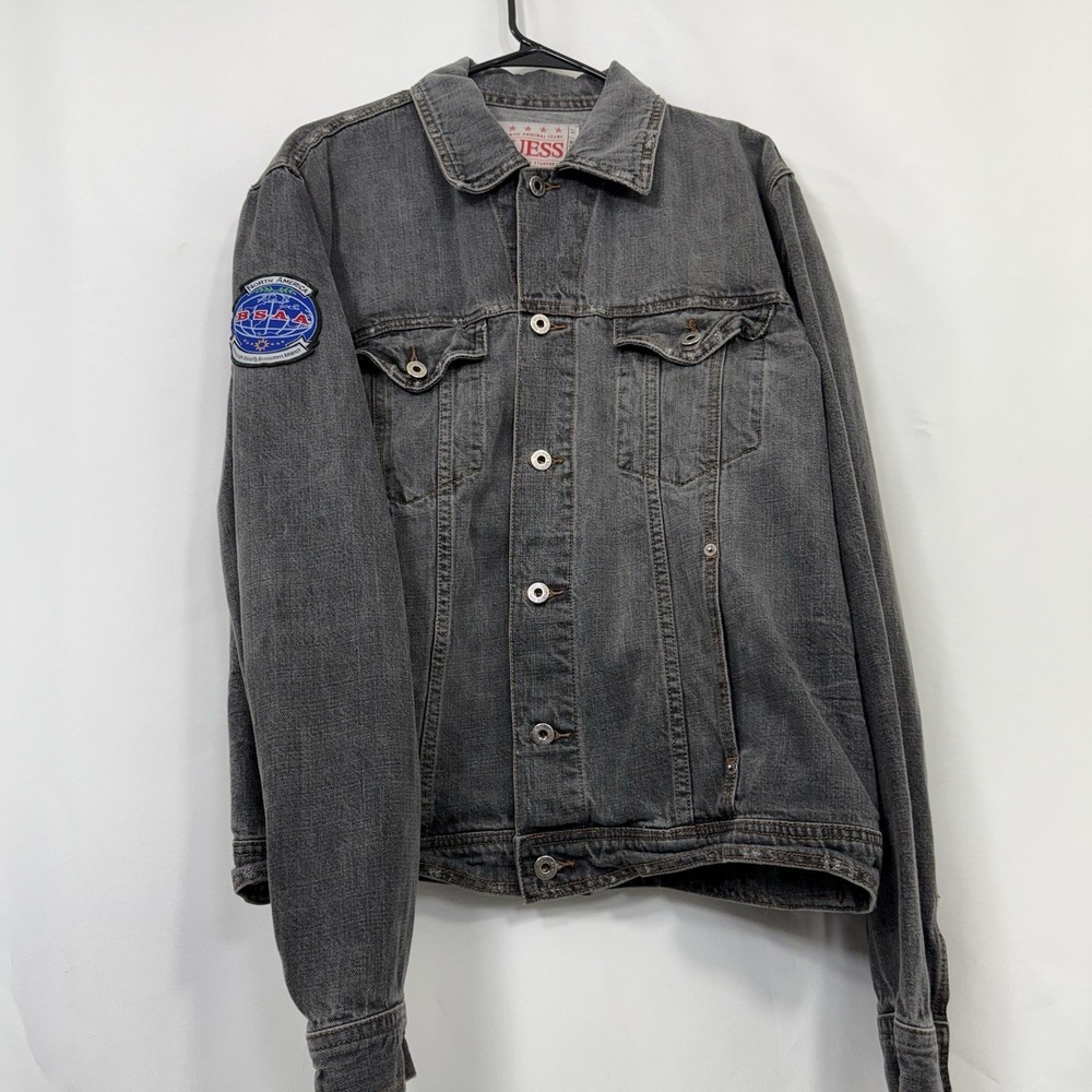 Guess Black Acid Wash Jean Jacket With Patch Men's  Sz‎ XL Y2K Grunge